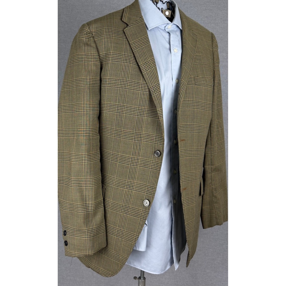 Vintage 60s Bespoke Glen Plaid Sport Coat Blazer Olive Tan 40L Union Made